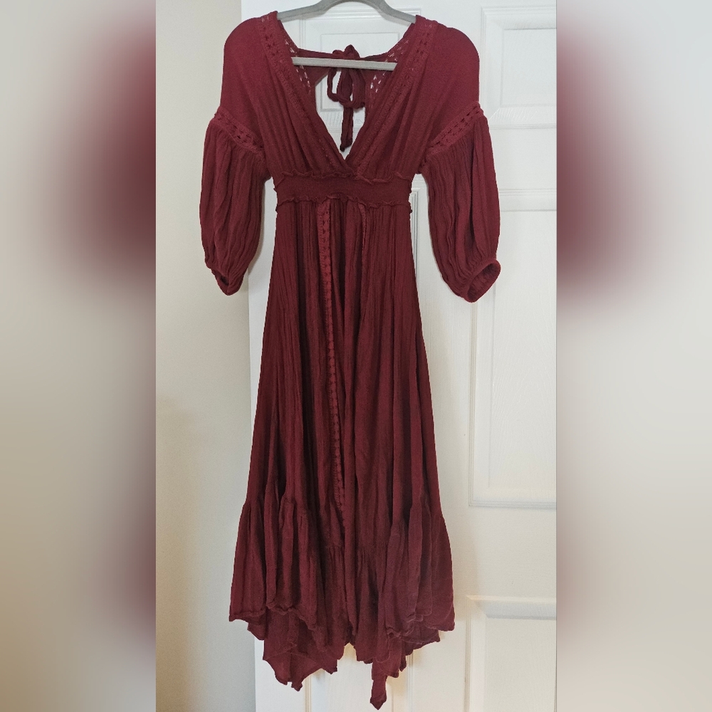 Free People Burgundy Gauze Crochet Prairie Dress XS Boho Romantic